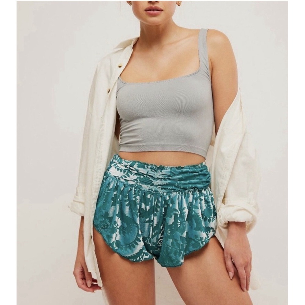Free People NEW Snow Angel Micro Shorts MEDIUM Green Velvet Burnout Ruffles